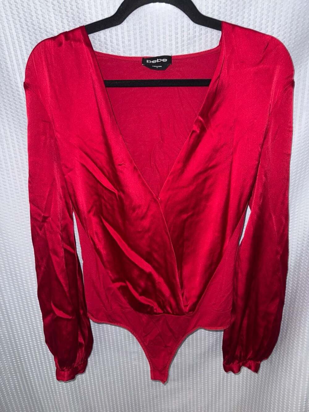 bebe Red Satin Long Sleeve Wrap Bodysuit Size S
